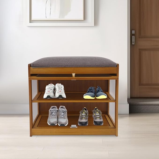 Eapmic Shoe Storage Bench, Entryway Shoe Rack Bench with Padded Seat Cushion, 2-Tier Shoe Cabinet, Bamboo Shoe Organizer for Hallway Bedroom Living Room Front Door (Brown, 19.69 * 12.6 * 17.32in)