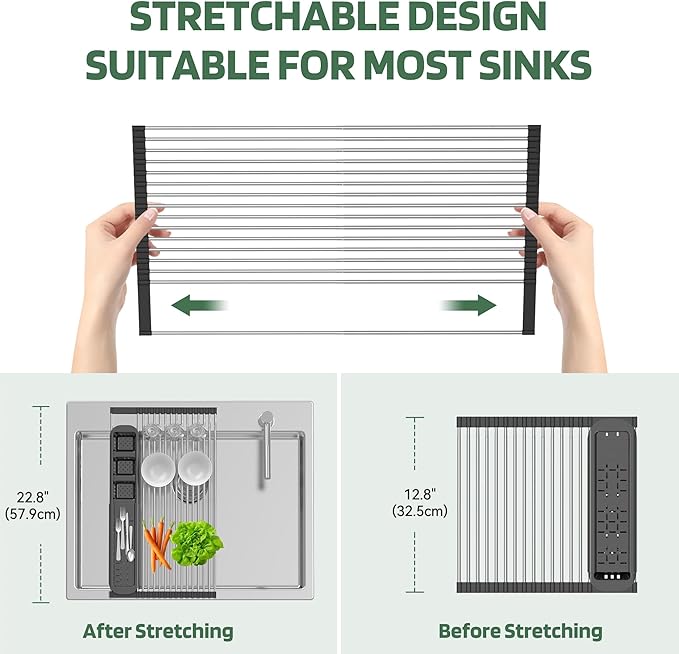 BBXTYLY Expandable Roll Up Dish Drying Rack,Over The Sink Drying Rack Sink Kitchen Accessories Rolling up Stainless Steel Drainer, Foldable with Removable Utensil Holder(Black Expandable Width Size)