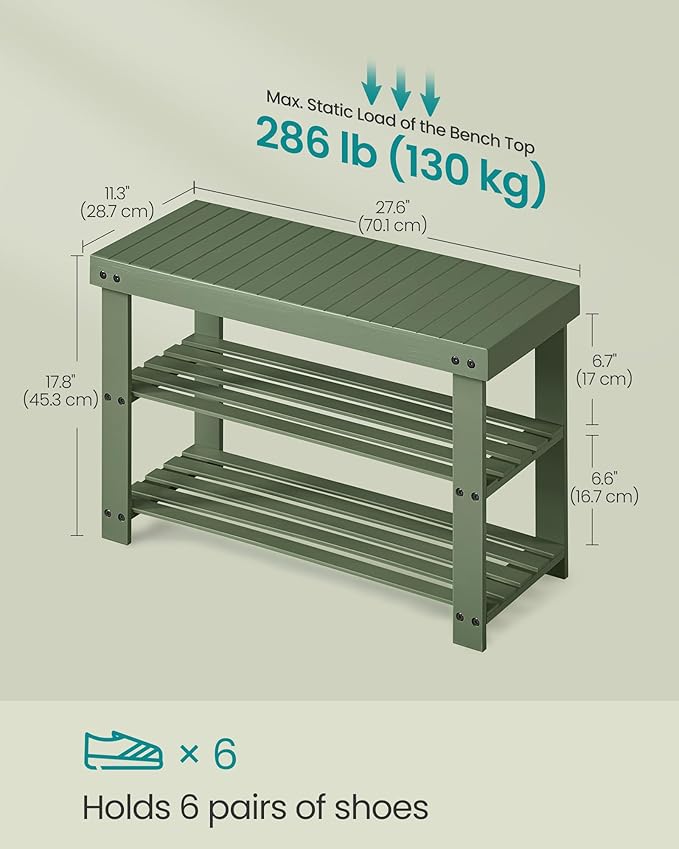 SONGMICS Shoe Rack Bench, 3-Tier Bamboo Shoe Storage Organizer, Entryway Bench, Holds Up to 286 lb, 11.3 x 27.6 x 17.8 Inches, for Entryway Bathroom Bedroom, Forest Green ULBS004C01-NeatNest