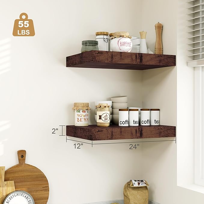 Heimlove Bathroom 12'' Deep Floating Shelves for Wall - Shelf Over Toilet Wall Mounted Farmhouse 24 inches,Wood Floating Shelves Decor & Storage Set of 1,Rustic Brown-NeatNest