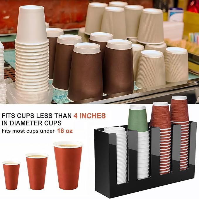 MYITYARD Coffee Cup Holder, Cup and Lid Organizer fits 5 to 16 oz Disposable Paper & Plastic Cups, Cup Dispenser Countertop, Coffee Bar Accessories for Bathroom, Kitchen, Office (4 Compartment)