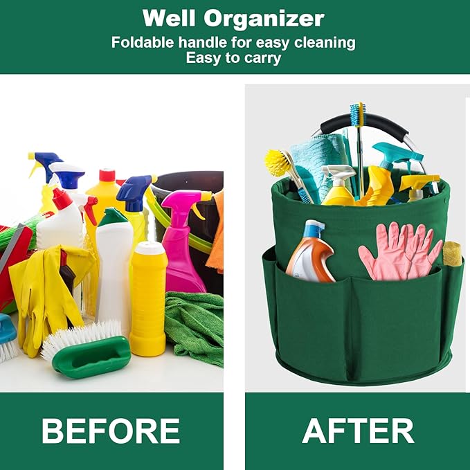 Cleaning Caddy with Handle, Cleaning Products Organiser, 17L Foldable Storage Basket, Cleaning Caddy Organiser, Portable Multi Cleaning Bucket Bag for Home, Garden (Green)-NeatNest