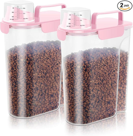 5-7Lbs Dog Cat Food Storage Container with Upgraded Large Nozzle BPA-free, 4 Snap Seals Plastic Pet Food Storage Containers with Handles (2, Light Pink, 5L)-NeatNest