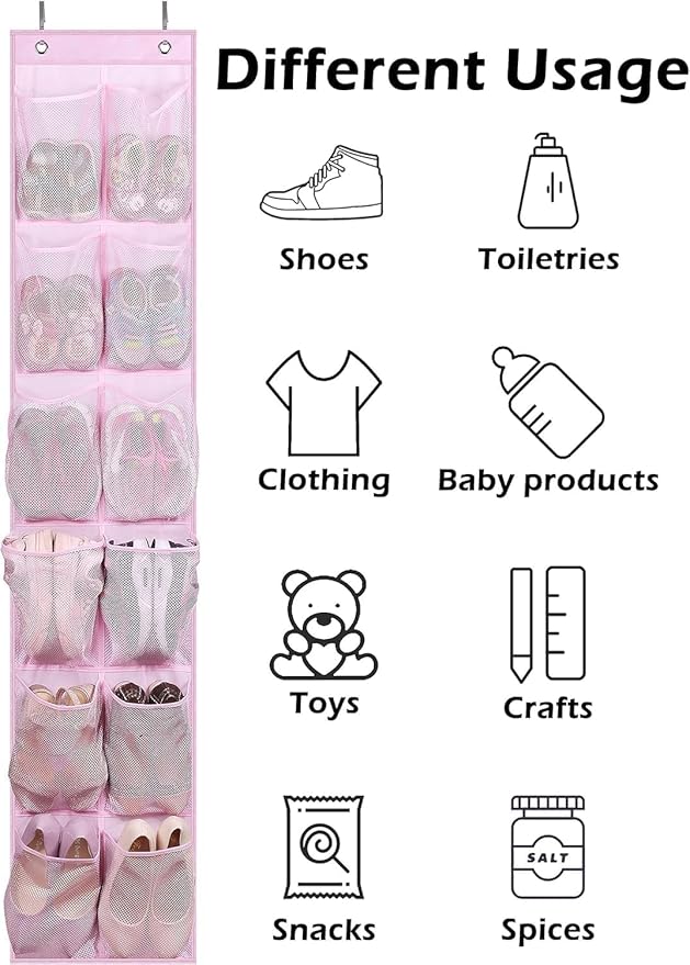 MISSLO Kids Over the Door Shoe Organizer Baby Hanging Shoe Rack Narrow Closet Storage bags with 12 Mesh Pockets for Girl Women Men Toddler Nursery, 2 Packs, Pink-NeatNest