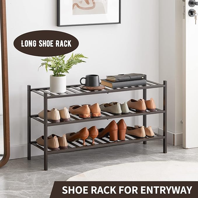 Long Shoe Rack, 3-Tier Bamboo Stackable Shoe Shelf Storage Organizer, Shoe Stand for Closet, Entryway and Hallway-NeatNest