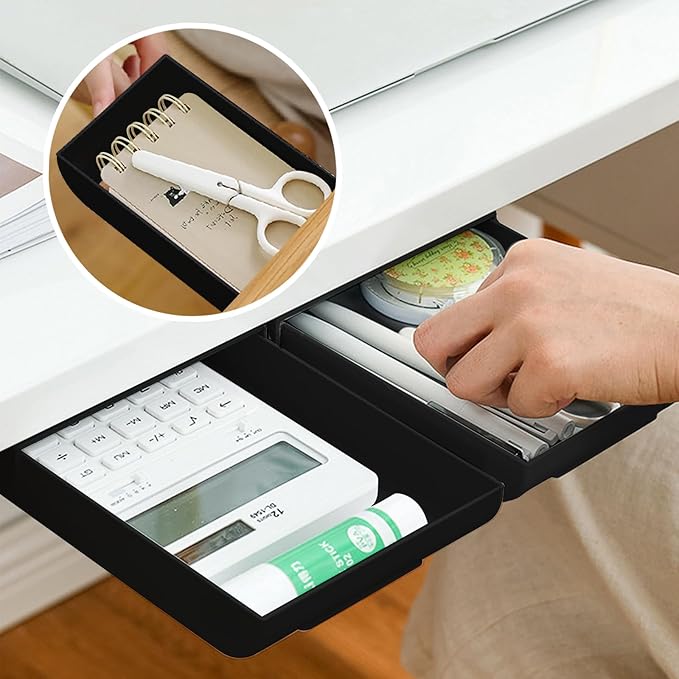 2 Packs Under Desk Drawers, Slide Out Drawer Attachment, Plastic Desk Accessories & Workspace Organizers, Self-Adhesive Hidden Desktop Pen Holder for Office School Home (Black)-NeatNest