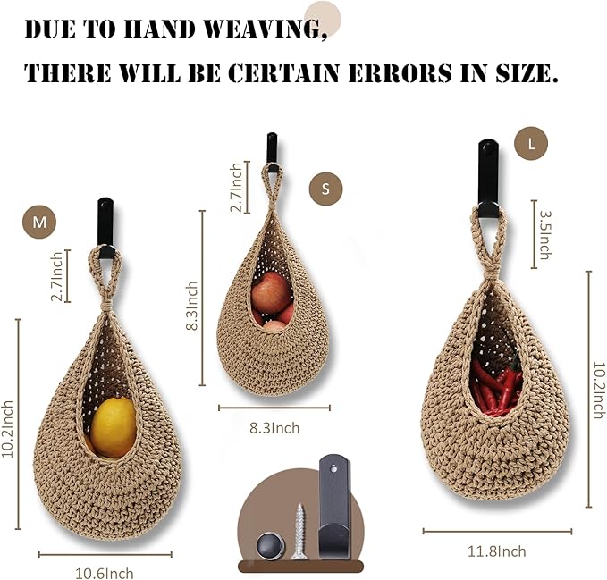Hanging Fruit Basket Set of 3, Boho Wall Hanging Storage Basket for Organizing, Handmade Teardrop Hammock Holder for Fruit Vegetable in Home & Restaurant Kitchen with Hooks, Light Flaxen