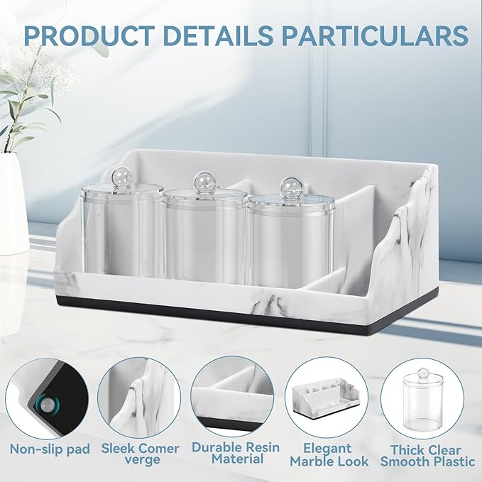 Bathroom Counter Organizer with 3PCS Qtip Holder, Marble Toothbrush Holders for Bathrooms, Bathroom Organizers and Storage with Drain Holes, Electric Toothbrush Holder, Vanity Organizer