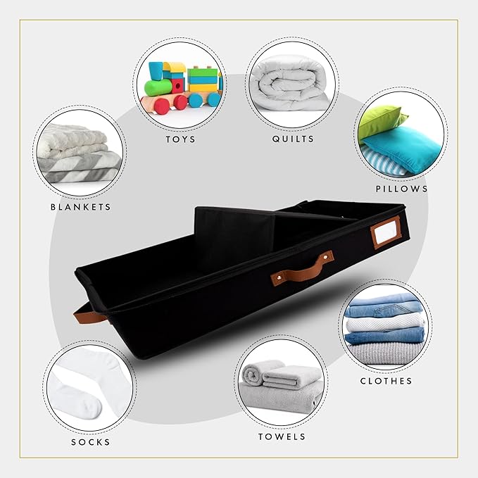 HOMELUX THEORY 2pc Low Profile Under Bed Storage Containers, Thin Under Couch Storage Organizer with Bins & Lids, Underbed Storage Box Ideal for Seasonal Clothes, Blankets, Fabric & Shoes (Black)-NeatNest