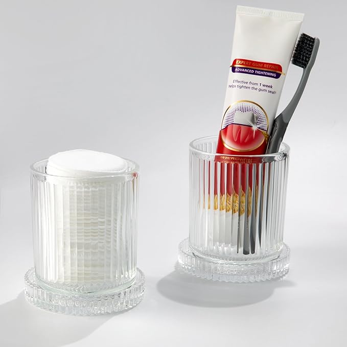 2 Pack Qtip Holders for Bathroom, Clear Glass Apothecary Jars with Lids,Vintage Bathroom Canisters for Cotton Balls,Swabs,Floss Picks,Hair Ties,Vanity Organizer and Storage Decor-NeatNest
