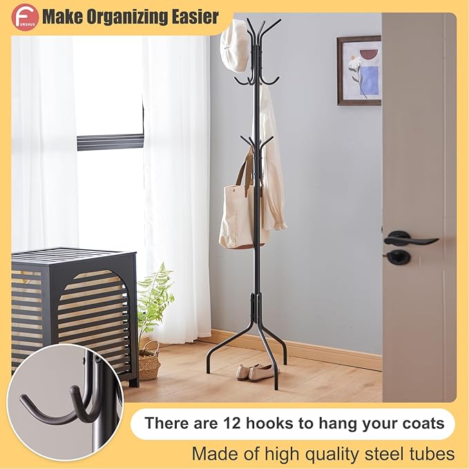 Coat Rack Freestanding,hat and coat rack stand for entryway,Living Room,Bedroom,Metal coat tree with12 Hooks and 3 Legs (Black)-NeatNest