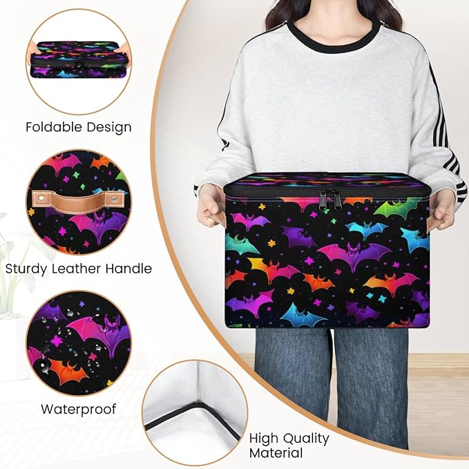 Halloween Bat Storage Bins with Lids, Colorful Bats Fabric Storage Boxes with Zipper, Collapsible Decorative Closet Organizer Cube for Clothes,Organizing, Shelves-NeatNest