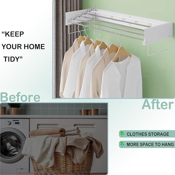 Wall Mounted Laundry Rack, Collapsible Clothes & Towel Drying Rack for Indoor & Outdoor, 40' W x 16.5 L Ft, 60 lb Capacity, White