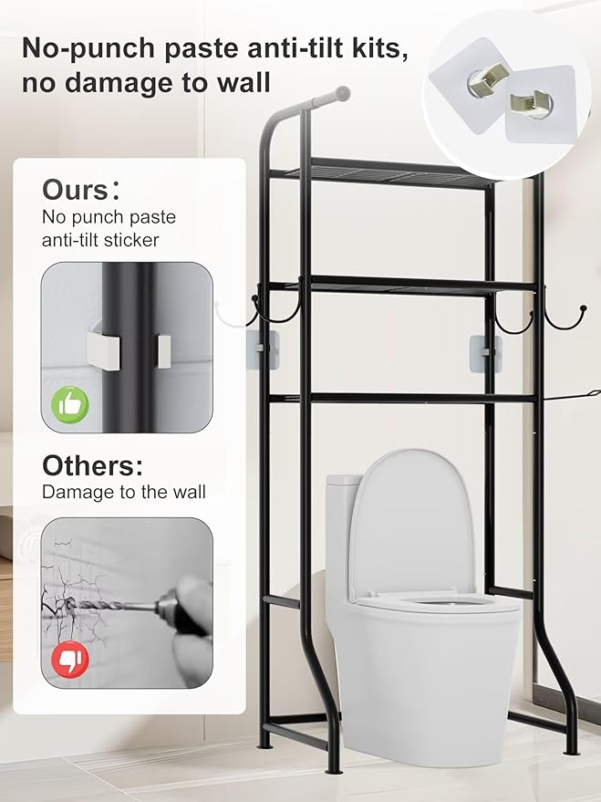 3-Tier Over The Toilet Storage Shelf，Bathroom Organizers and Storage Over Toilet，Metal Bathroom Space Saver with 2 Bars，1 Paper Holder and 4 Hooks,Black