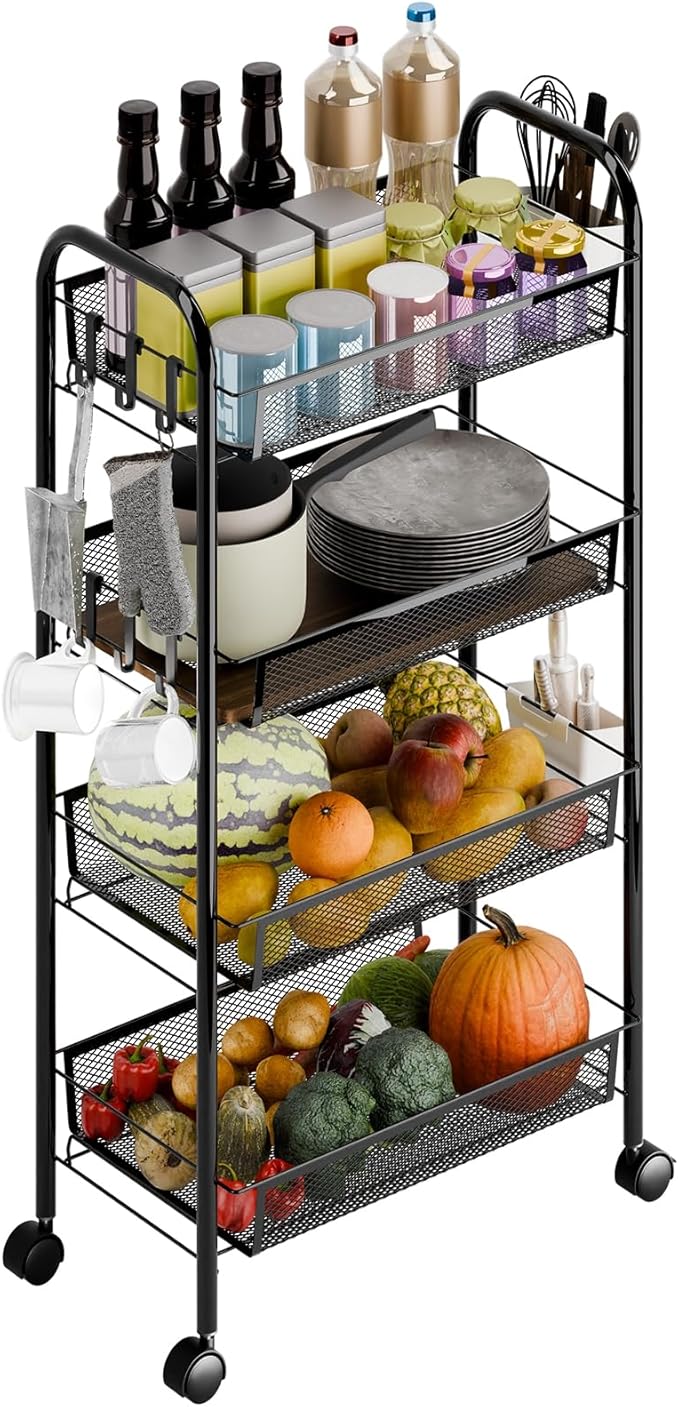 3/4/5 Tier Fruit Vegetable Basket, Stackable Metal Mesh Storage Basket with 360 Degree Wheels, Fruit Vegetable Produce Basket Storage Organizer for Kitchen, Pantry, Bathroom White 4-Layers