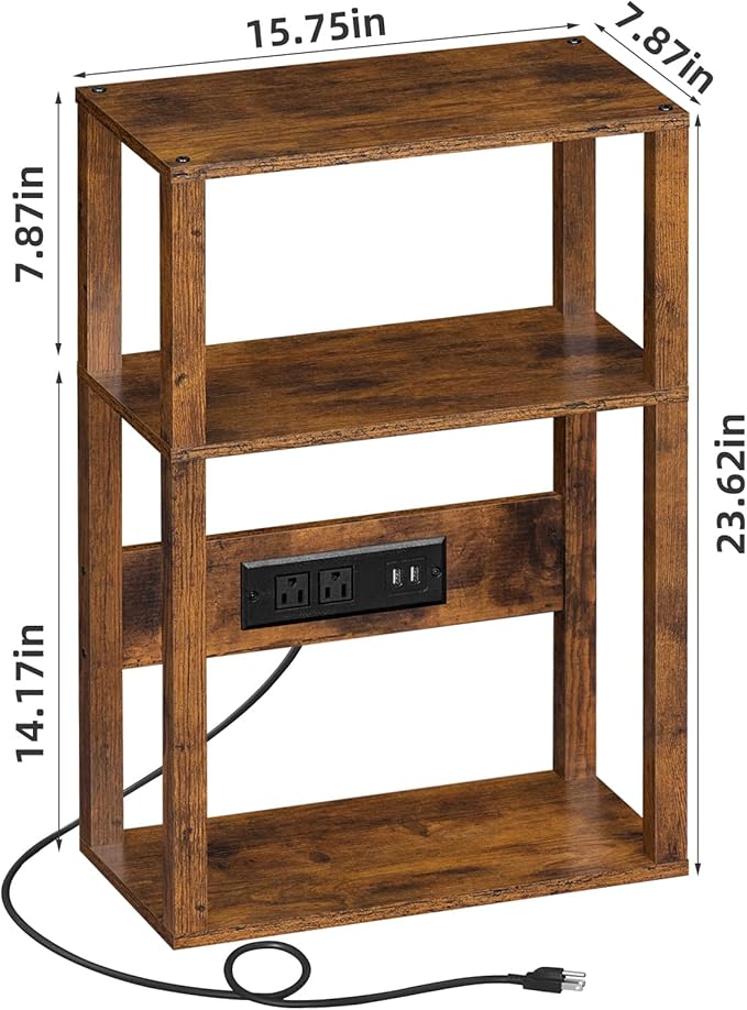 3-Tier Small Narrow Wood Side Table Set of 2 with Charging Station - Skinny Nightstand for Small Spaces, Slim Bedside Table with USB Ports and Outlets - Thin End Table with Storage, Brown