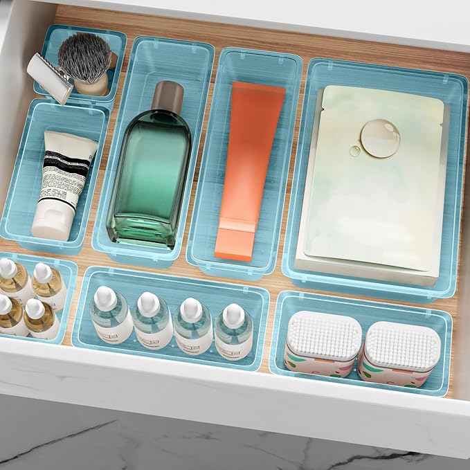 12-Piece Drawer Organizer Set, 4 Sizes Versatile Plastic Vanity Organizer for Makeup, Stationery, Gadgets, in Kitchen, Bathroom, Office, and Bedroom, Sea Blue-NeatNest
