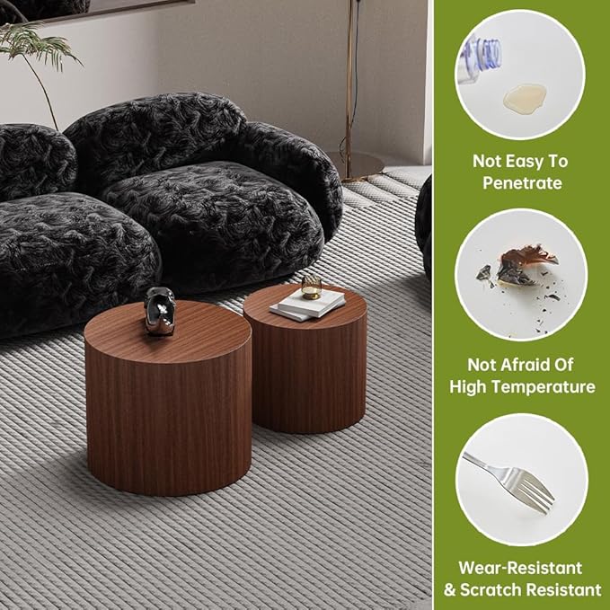 Round Nesting Coffee Table Modern Walnut Fluted Coffee Table Set of 2 Stripe Brown Round Coffee Tables Circle Drum Coffee Tables Side Table Accent End Table for Living Room (Dark Wood)