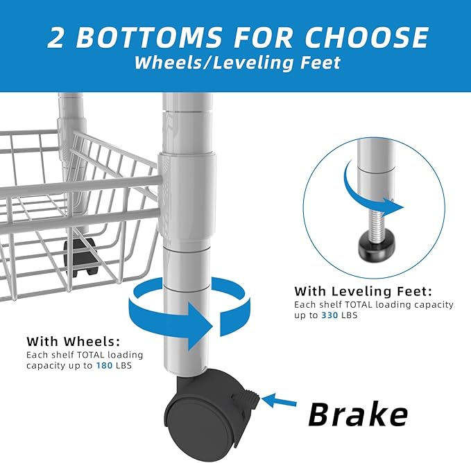 3 Tier Wire Shelving Wire Basket Shelf Storage Cart Adjustable Metal Shelf 2 Bottoms for Choose(Castor or Leveling Feet) for Office,Kitchen,Bedroom,Silver(23.23" L x 13.11" W x 32.28" H)