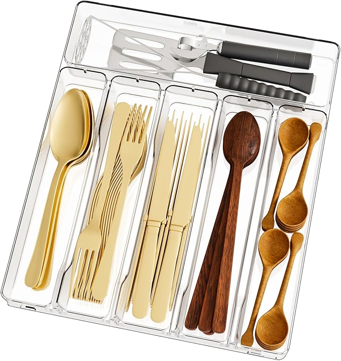 Clear Silverware Organizer for Kitchen Drawers,BPA Free Cutlery Drawer Organizer,6 Slots Plastic Utensils Organizer Suitable as In-Drawer Silverware Holder and Tray,Flatware,Knife,Fork,Spoon Organizer-NeatNest