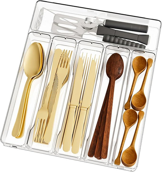 Clear Silverware Organizer for Kitchen Drawers,BPA Free Cutlery Drawer Organizer,6 Slots Plastic Utensils Organizer Suitable as In-Drawer Silverware Holder and Tray,Flatware,Knife,Fork,Spoon Organizer-NeatNest
