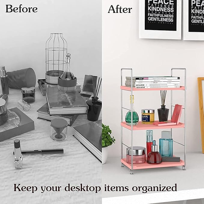 Cosmetic Storage Rack for Bathroom Countertop, 3-Tier Standing Shelf for Kitchen Organizer, Stackage Perfume and Bath Collection Organizer Tray (Pink&Silver)-NeatNest