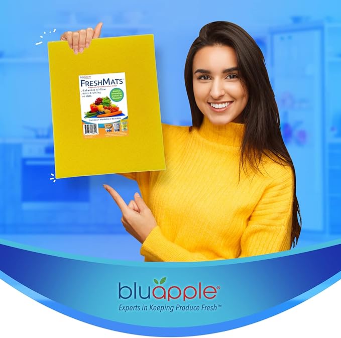 Bluapple FreshMats, Refrigerator Bin Liner, Fridge Drawer Mats, Crisper Life Extender Liner Keeps Produce Fresh Longer, Anti-Bruising, for Air Circulation, Washable & Reusable (4-Mats, 12x15, Yellow)