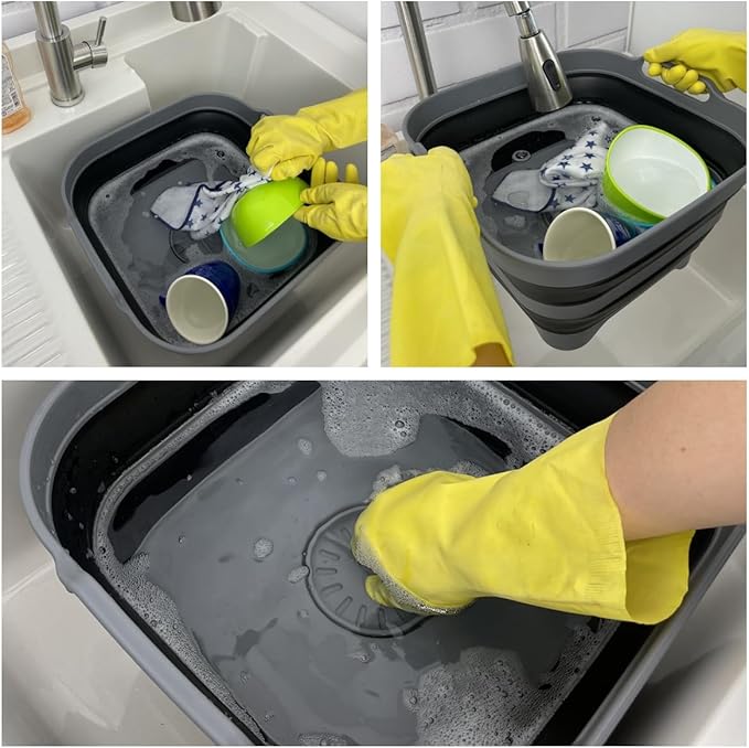 SAMMART 10L (2.64 Gallon) Collapsible Dishpan with Draining Plug-Foldable Washing Basin-Portable Dish Washing Tub-Space Saving Kitchen Storage Tray for Camping & RV (1, Grey/Black)