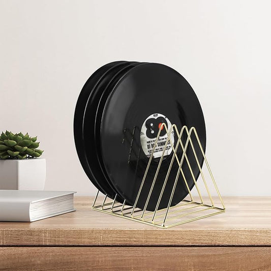 COSYAWN Triangle 7 Slot Vinyl Record Holder, Anti-Rust Metal Magazine Album Display Rack Desktop File Sorter Organizer, Paper Letter Newspaper Storage for Home Office, Gold 2 PACK-NeatNest