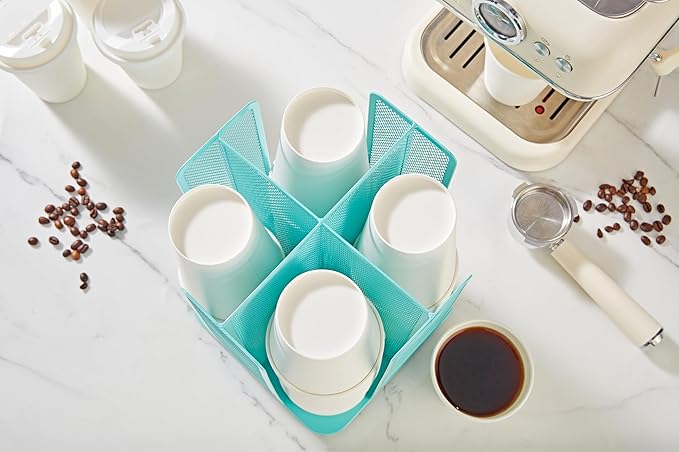 Annova Paper Cup and Lid Holder Plastic Cup Storage Organizer, 360°Rotating Coffee Cup Dispenser with 4 Compartments, Multifunctional Cup Storage Rack for Home, Office, Bar, Coffee Shop (Turquoise)-NeatNest