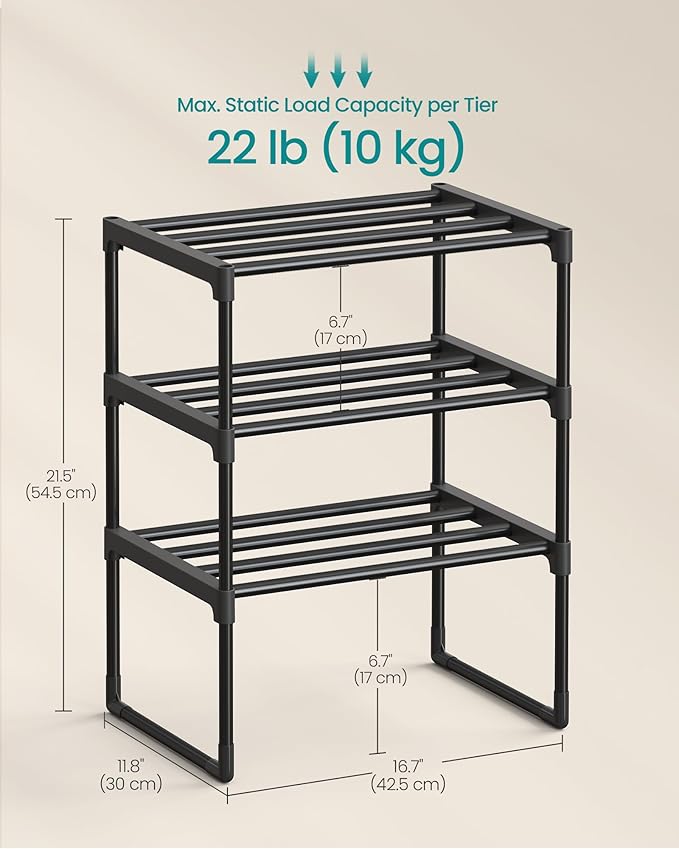 SONGMICS Shoe Rack, 3-Tier Shoe Organizer, Metal Storage Shelf, Upright or Upside Down, for 4-8 Pairs, Stackable, for Entryway, 11.8 x 16.7 x 21.5 Inches, Black ULSA003B01-NeatNest