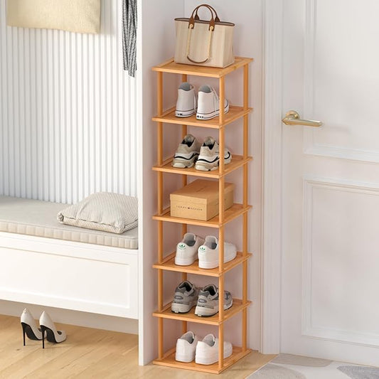 Bamboo Free Standing Shoe Rack Shelf Multi Tier Tall Wooden Stackable Shoes Rack Organizer for Closet Front Door Entrance Narrow Vertical Shoe Storage Rack for Corner Stand (Nature, 7 Tiers)-NeatNest