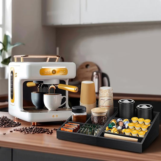 Coffee Station Organizer Coffee Condiment Service Tray with 9 Compartment for Counter, Wood Coffee Bar Supplies Organizer for Home Office Breakroom Two-in-One Black-NeatNest