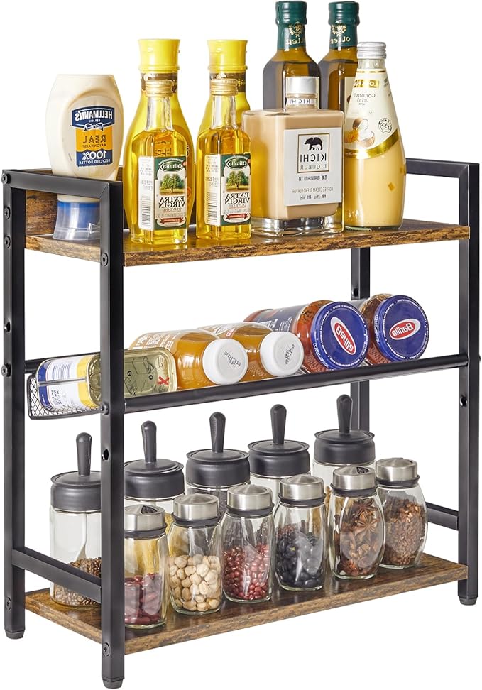IBUYKE 3-Tier Spice Rack Industrial Counter Shelf Desktop Storage Organizer Standing Seasoning Rack for Countertop Kitchen Office Living Room Desktop Rustic Brown UTLJ021H-NeatNest