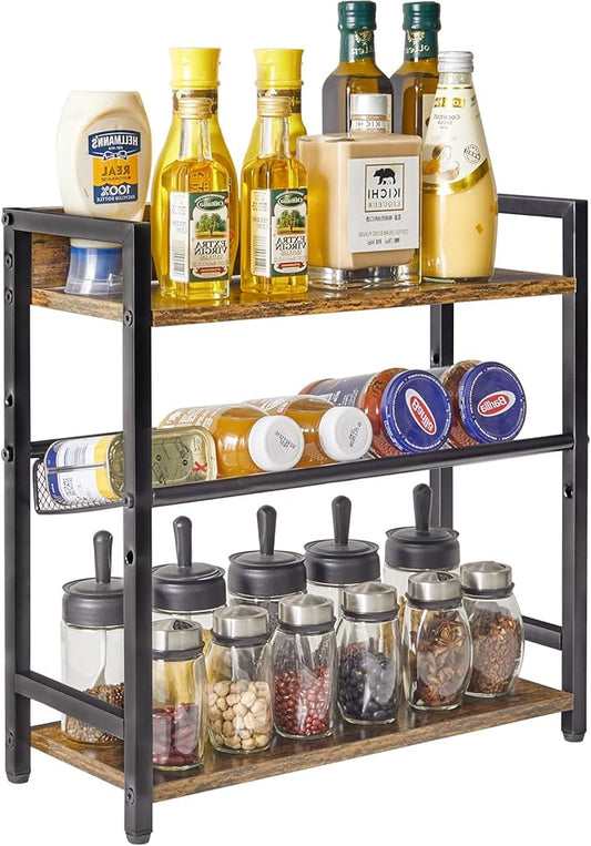 IBUYKE 3-Tier Spice Rack Industrial Counter Shelf Desktop Storage Organizer Standing Seasoning Rack for Countertop Kitchen Office Living Room Desktop Rustic Brown UTLJ021H-NeatNest