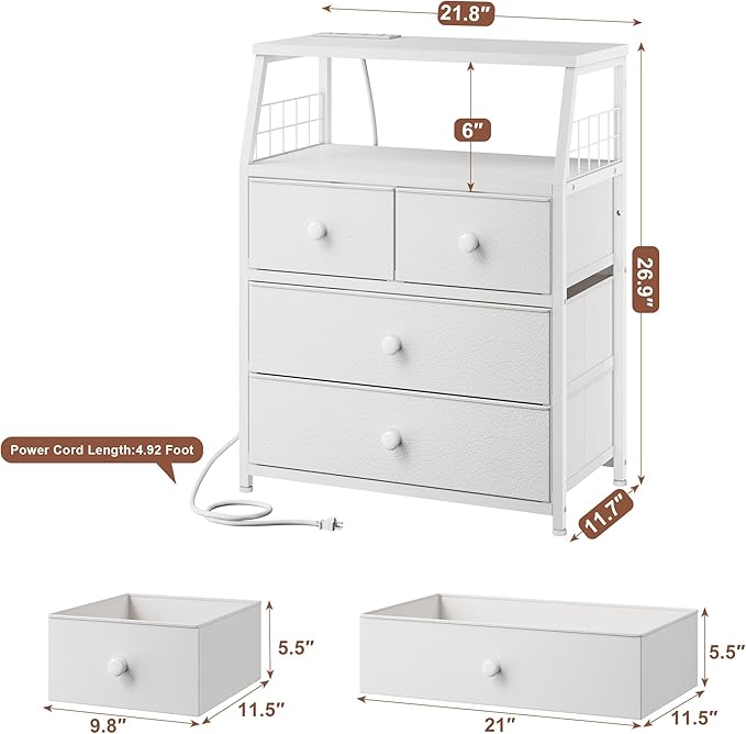 EnHomee Nightstand Set of 2, Night Stand with Charging Station & LED Lights, Bedside Table with 4 Fabric Drawers for Bedroom, Side Table with Outlets and 2 Ports, White