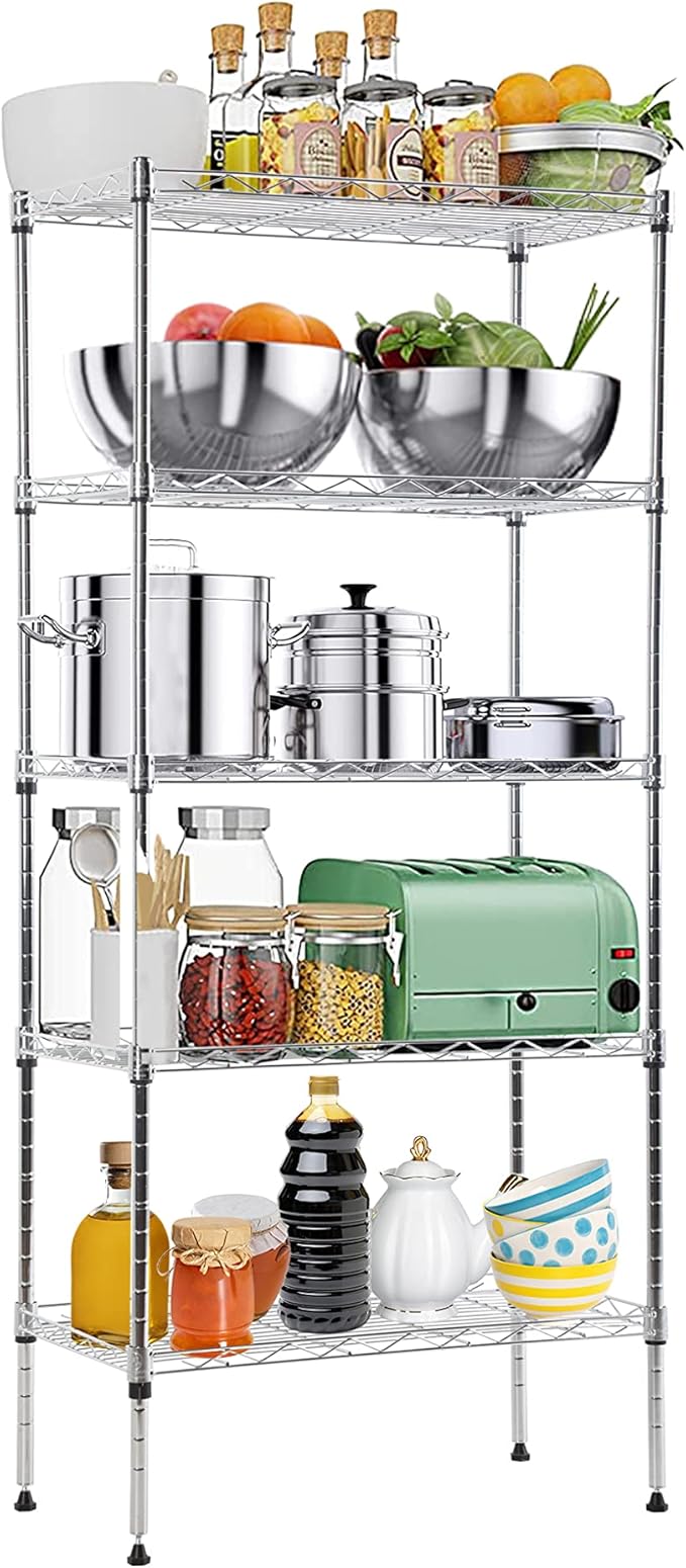 5-Tier Metal Wire Shelving Unit Snack Shelf Height Adjustable Storage Rack NSF Certified Storage Shelves 750 Lbs Capacity Standing Utility Shelf for Laundry Kitchen Pantry Garage Organization