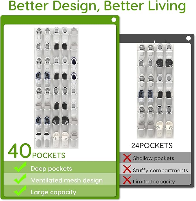 Unjumbly Over the Door Shoe Organizer with 40 Large Breathable Mesh Pockets, Space Saving Shoe Holder, Hanging Shoe Rack for Entryway Bedroom Closet Storage (White, 40 Pockets)-NeatNest