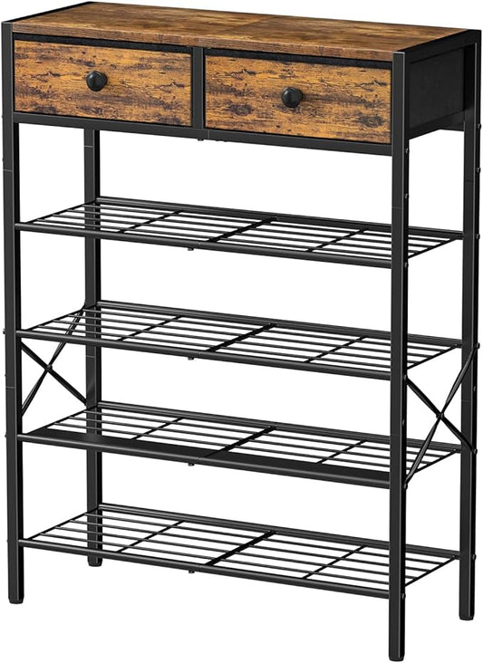 Shoe Rack for Entryway, 5 Tier Shoe Organizer with 2 Non-woven Drawers, Metal Storage Shoe Shelf for 16-20 Pairs of Shoes, with Wooden Top and Steel Frame, Shoe Stand for Closet Rustic Brown-NeatNest