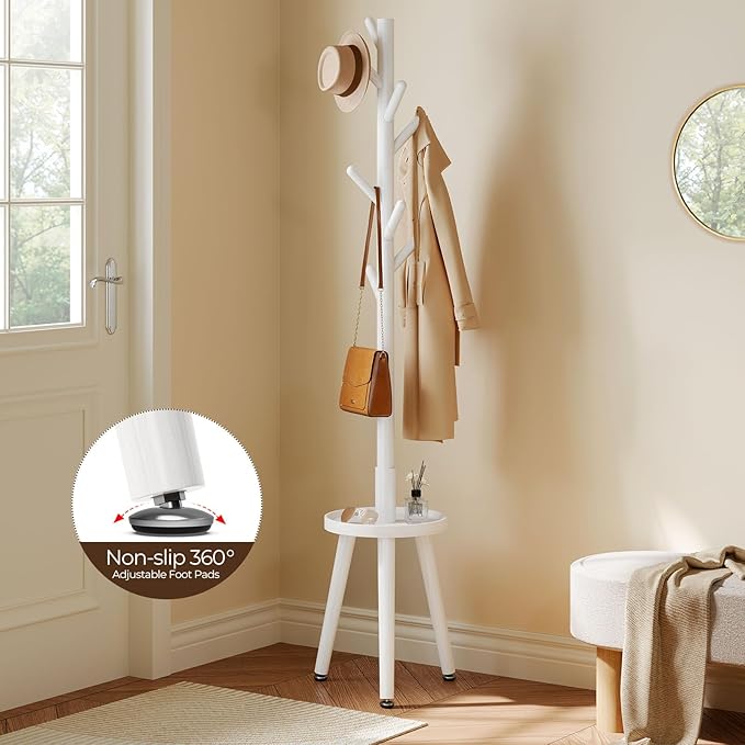 GREENSTELL Coat Rack with 8 Hooks, Wooden Coat Rack Freestanding with Shelf, Coat Tree with 4 Height Options 50.5"-72.6", Coat Hanger Stand for Bags, Clothes, Umbrellas, Hats, in Home, White-NeatNest