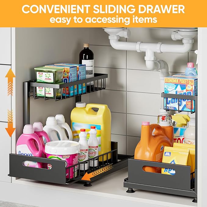 2 Pack Under Sink Organizer Storage 2-Tier Premium Metal Pull-Out Racks, Height Adjustable, Easy Installation | Kitchen & Bathroom Organizers-NeatNest