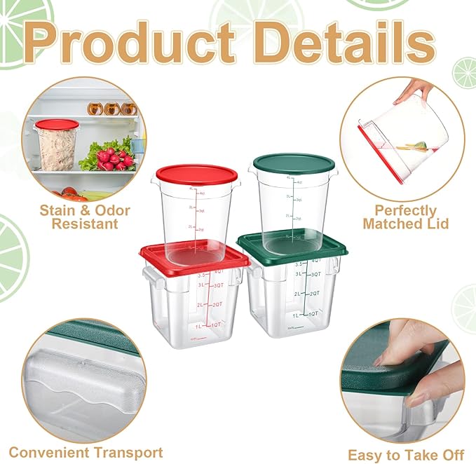 4 Pcs Food Storage Container with Lids Set 4 Qt Square and Round Clear PC Commercial Containers with Scale Handle for Home Restaurant Kitchen Food Storage, Dough Rise, Flour(Green and Red)