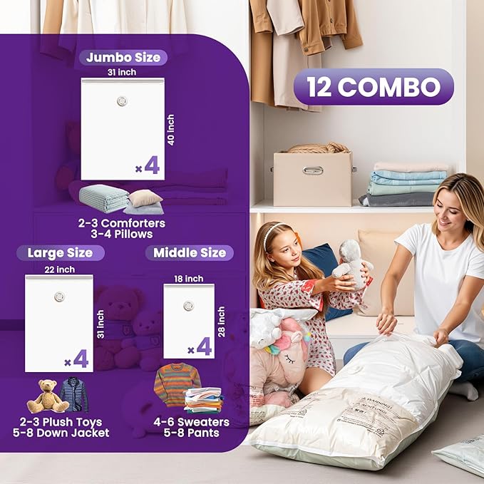 TAILI 12 Pack Combo Vacuum Storage Bags, Vacuum Seal Bags for Clothing (4 Jumbo, 4 Large, 4 Medium), Space Saver for Bulky Beddings, Comforters, Blanket, Closet Organization Space Saving-NeatNest