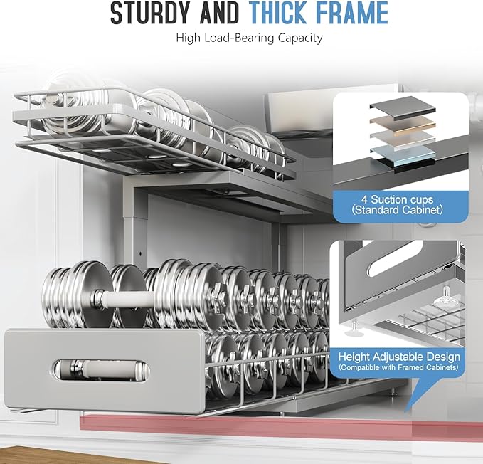 2 Pack 21 in Depth Pull Out Cabinet Storage with Smooth Rails,2-Tier Dual Pull Out Cabinet Storage for Bathroom Kitchen,Under Sink Shelf-Gun Gray-NeatNest
