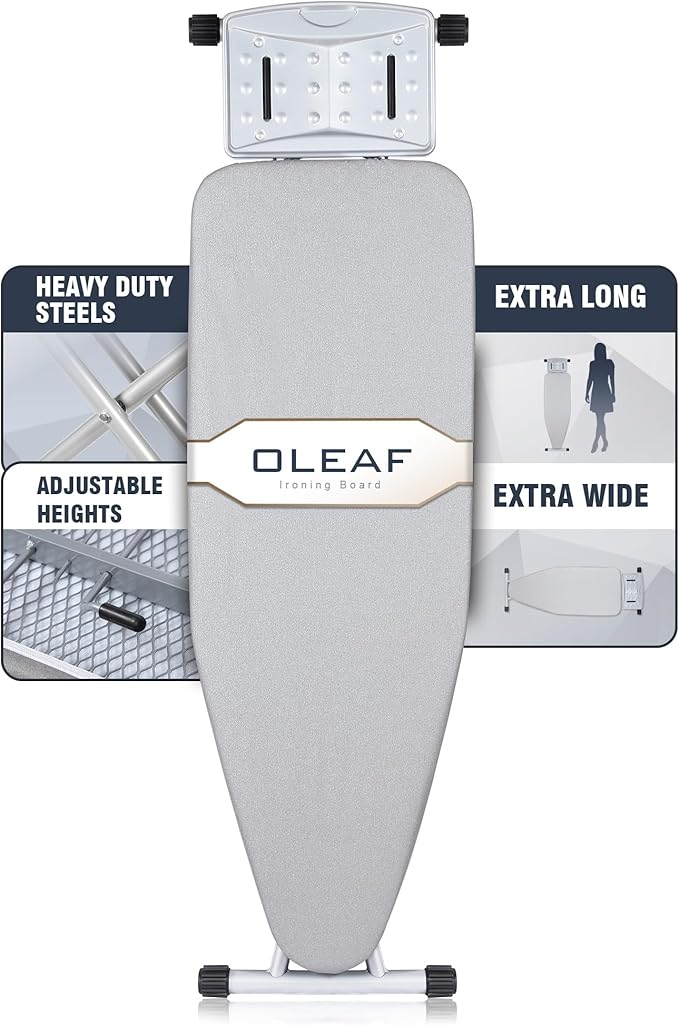 oleaf Ironing Board Full Size 54" x 15",Extra Wide&Long,Adjustable Ironing Board with 5 Heights,Stable Legs,Thick 3 Layers Cover,Easy Storage for Home Laundry Hotel Sewing Apartment Use(Large,Gray)