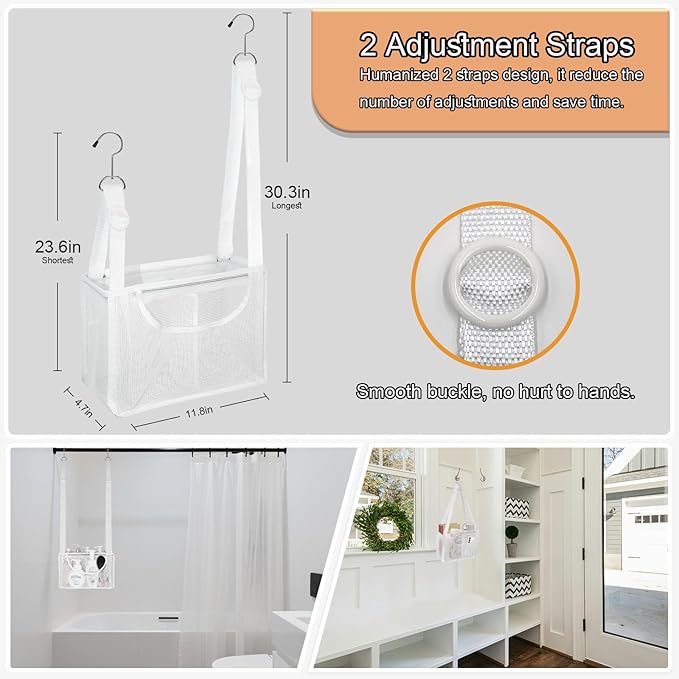 PVC Mesh Hanging Shower Caddy Organizer with 2pc Magnetic Hooks, Portable Adjustable Travel Bathroom Bag with Pockets for RV, Camping, Cruise, Dorm, Gym, White, 12“x5 x7（LxWxH）-NeatNest