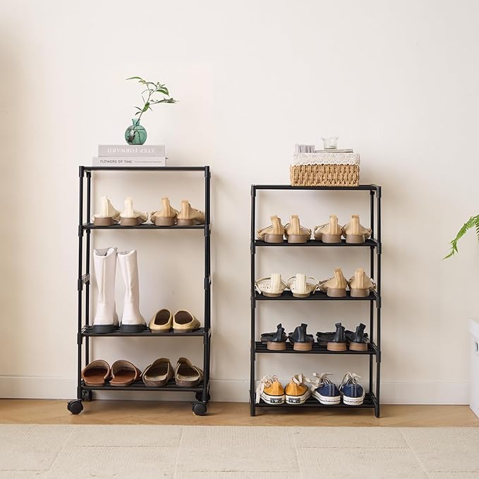 5-Tier Small Shoe Rack with Wheels, Slide-Out Metal Shoe Racks Storage, Anti-Rust Coating, Stackable Design - 16.9W for Entryway, Kitchen, Living Room & Office - Black