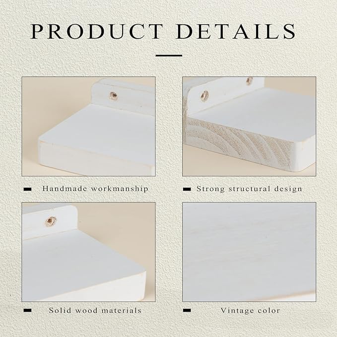 Freezing point Small Floating Shelf for Wall Set of 4 Natural Wood 4Inch Mini Wall Shelves Decor Plant Display Collectibles Mounted Kitchen Bathroom Bedroom Corner Decorative Storage Tiny Stand White-NeatNest