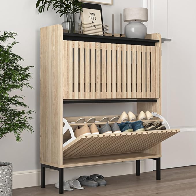 Vibe & Dine 2 Flip Drawer Shoe Cabinet, Narrow Shoe Organizer with Metal Legs, Freestanding Shoe Storage Cabinet for Entryway Slim, Wood Shoe Rack Cabinet for Hallway, Bedroom-NeatNest