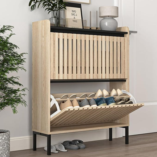 Vibe & Dine 2 Flip Drawer Shoe Cabinet, Narrow Shoe Organizer with Metal Legs, Freestanding Shoe Storage Cabinet for Entryway Slim, Wood Shoe Rack Cabinet for Hallway, Bedroom-NeatNest